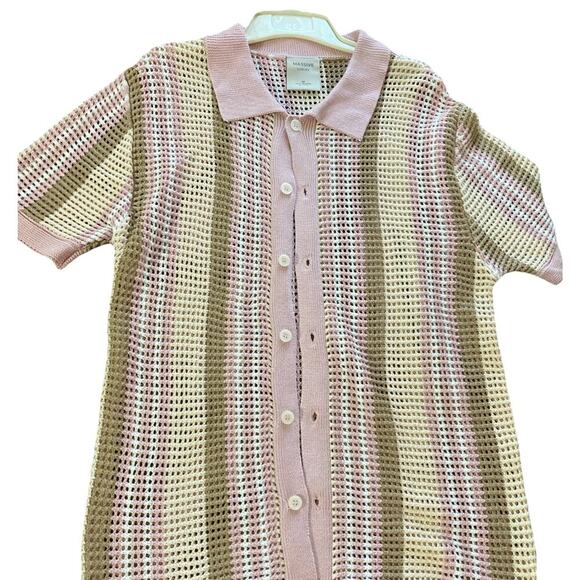 Massive Luxury Crochet Knit Polo Shirt Sz M New Pink White Brown Button Closure - Picture 1 of 10